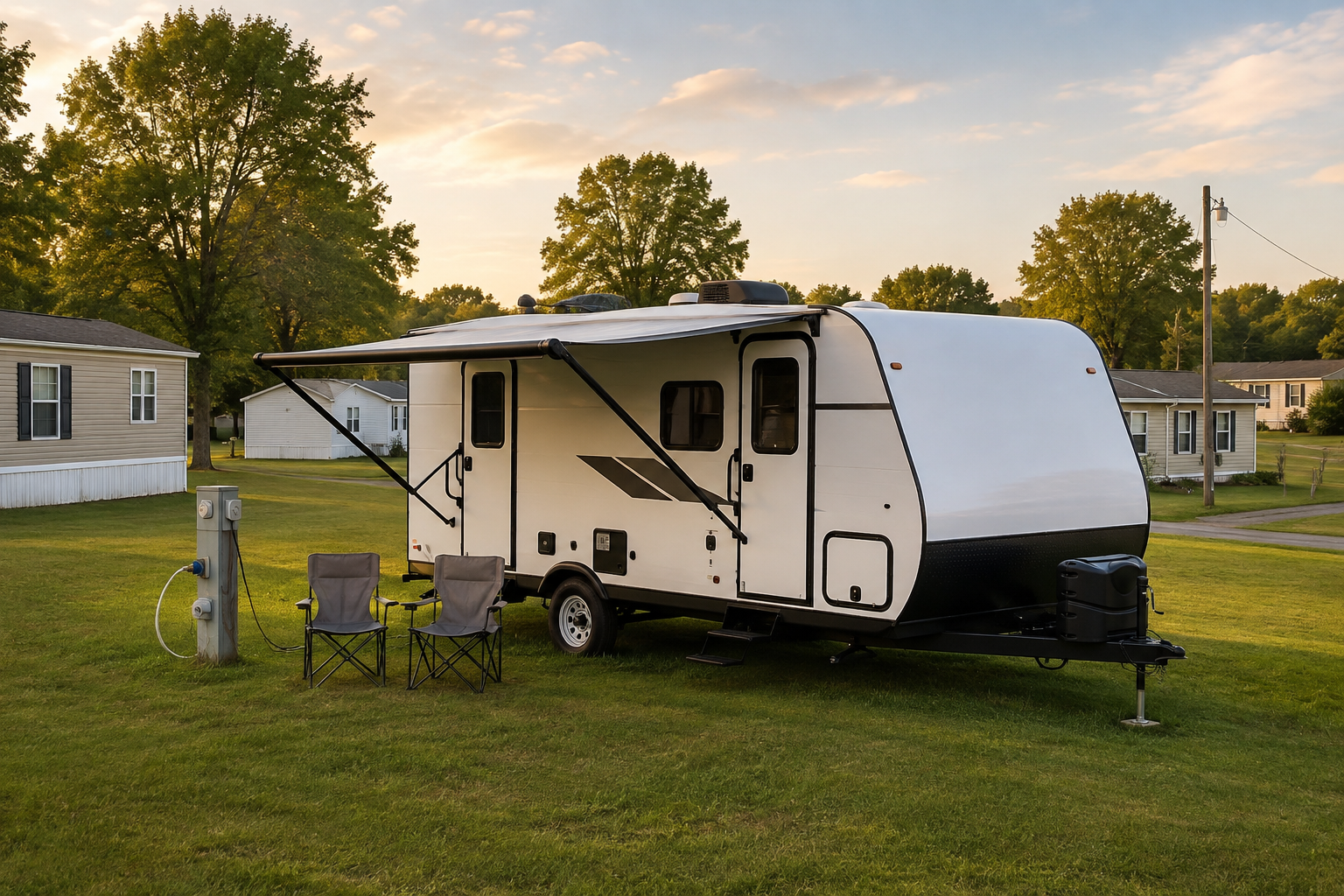 Clean RV on a grass lot at Clay City Mobile Home Park