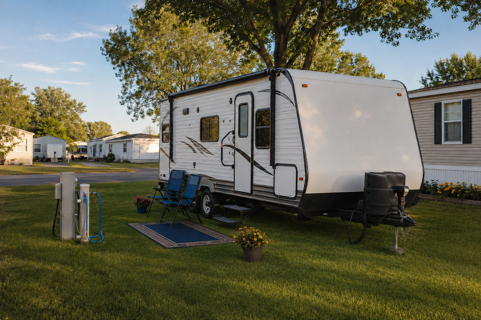 Clean RV on a grass lot at Black River Mobile Home Park