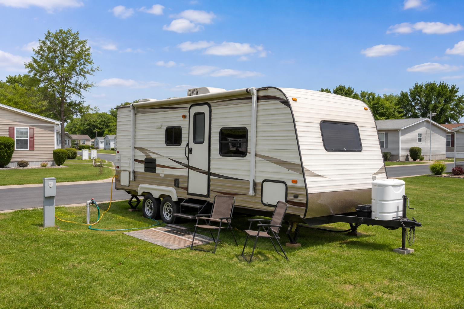 Clean RV on a grass lot at Westwood Mobile Home Park