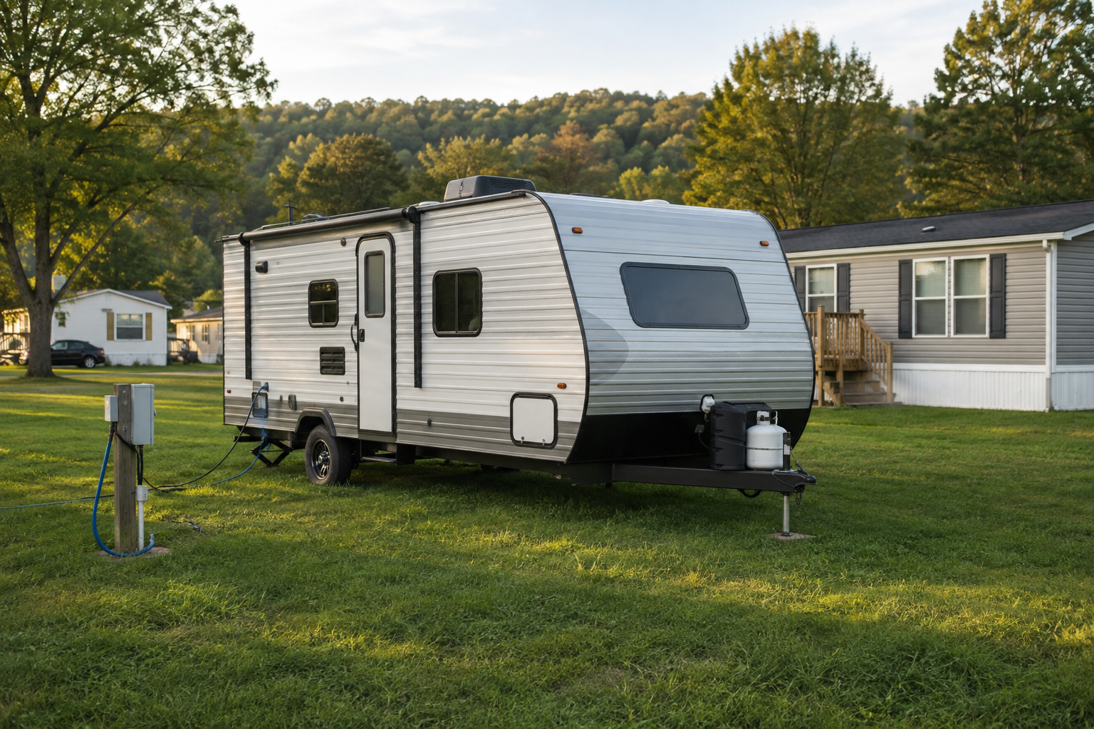 Clean RV on a grass lot at White Mountain Mobile Home Park