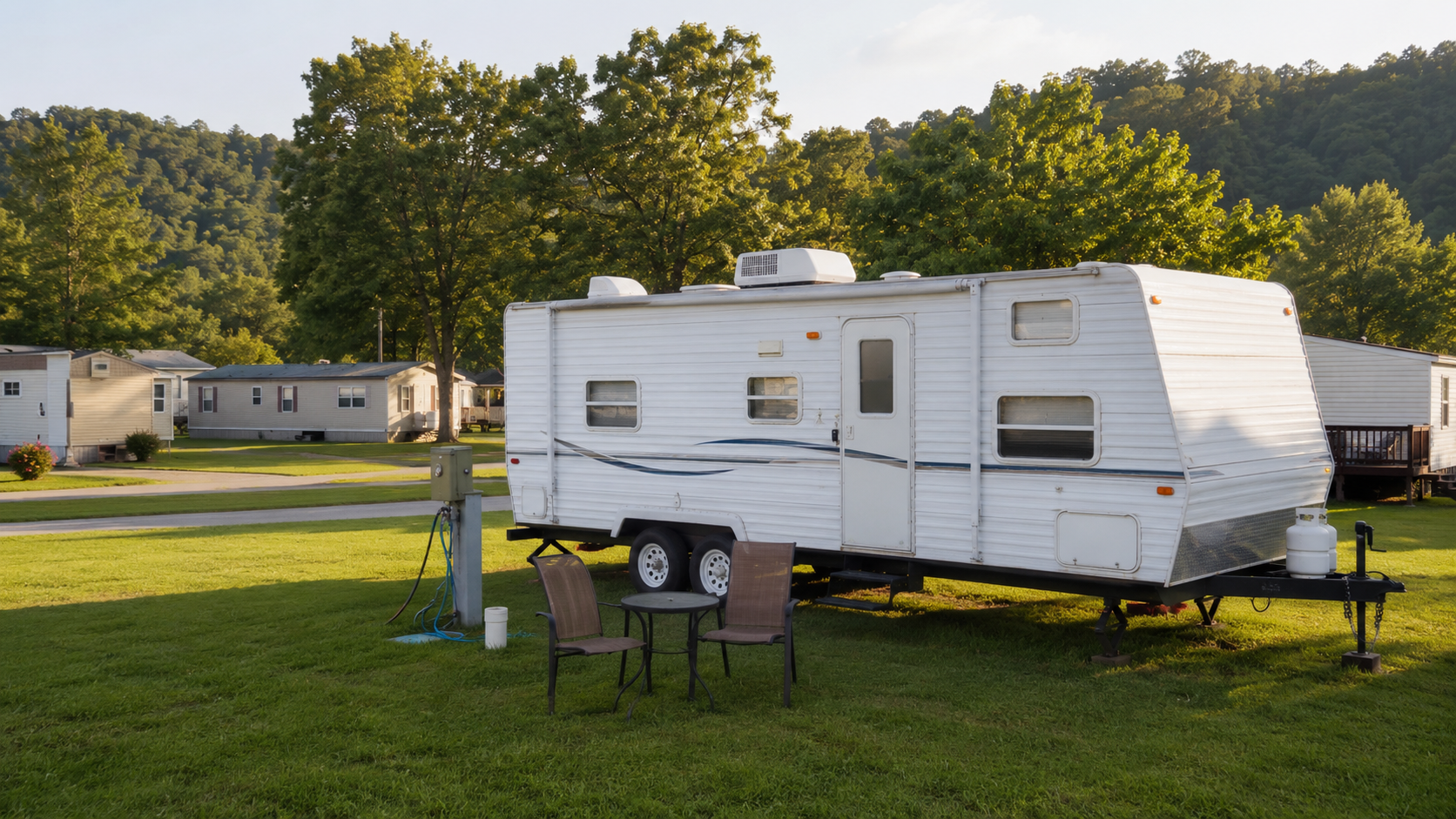 Clean RV on a grass lot at White North Mobile Home Park