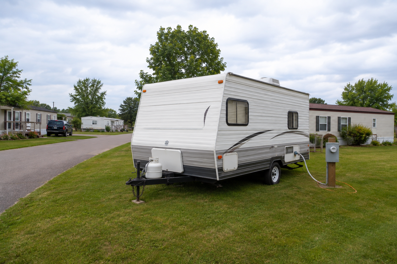 Clean RV on a grass lot at Windy Ridge Mobile Home Park
